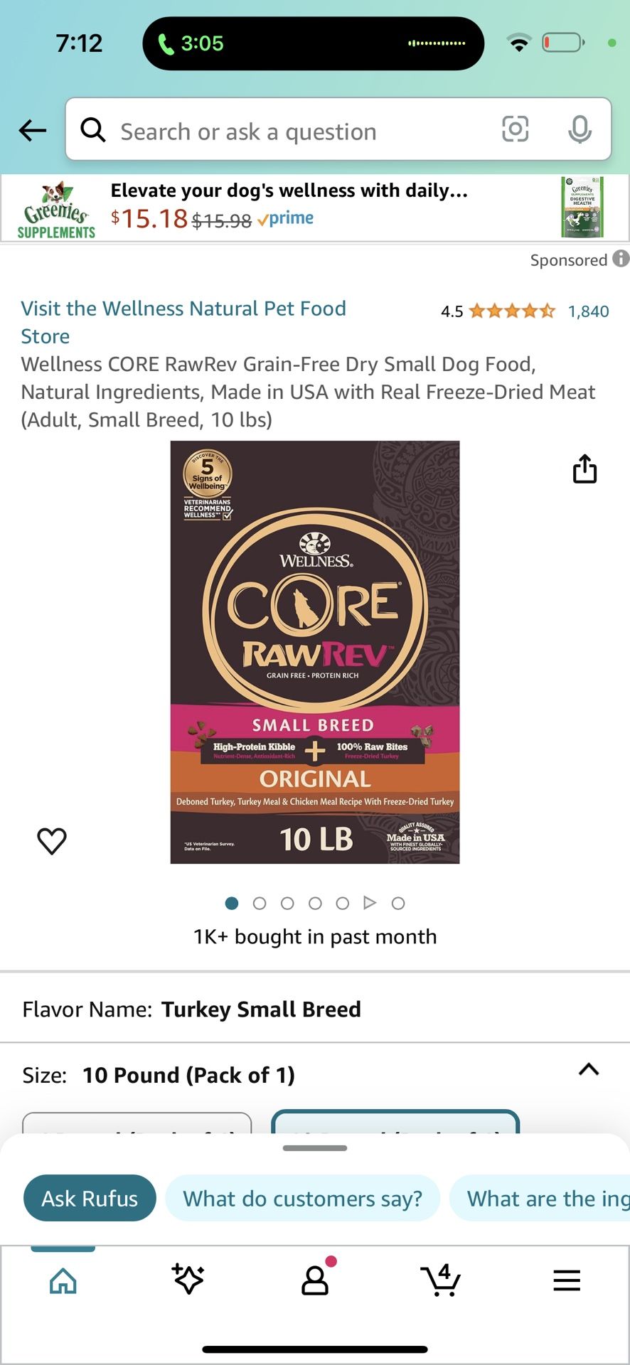 Wellness CORE RawRev Grain-Free Dry Small Dog Food, Natural Ingredients, Made in USA with Real Freeze-Dried Meat (Adult, Small Breed, 10 lbs) $30