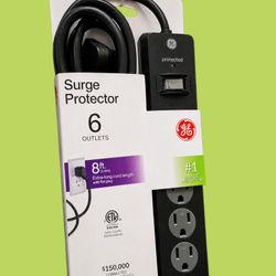 GE 6-Outlet Surge Protector Power Strip – 8 Ft Cord – Black
