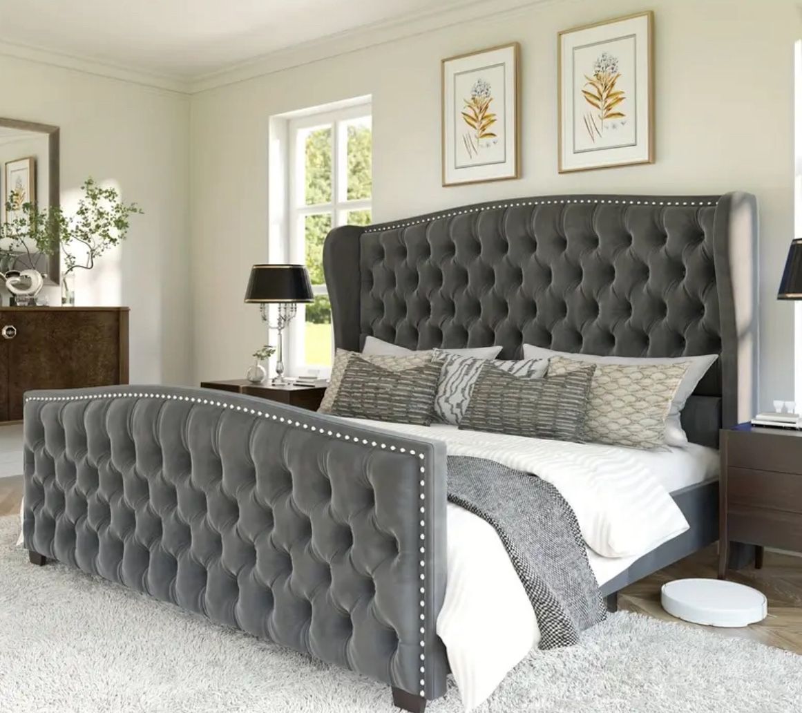Queen - Luxury Velvet Platform Bed Frame with Deep Button Tufted Design - No Box Spring Required,