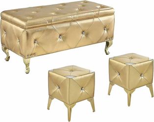 Faux Leather Large Storage Ottoman Bench Set Foot Rest Stools for Living Room Bedroom with 2pcs Ottomans Upholstered, Gold