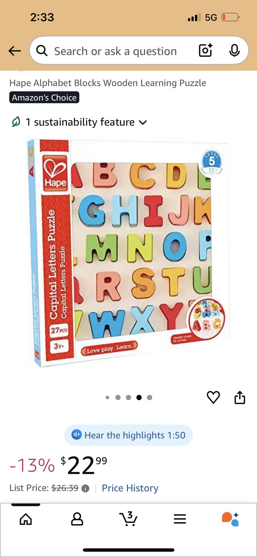 Hape Alphabet Blocks Wooden Learning Puzzle plus Alphabet Blocks
