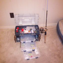 Big Large Tackle Box With Fishing Gear And Rod N Reel Combo