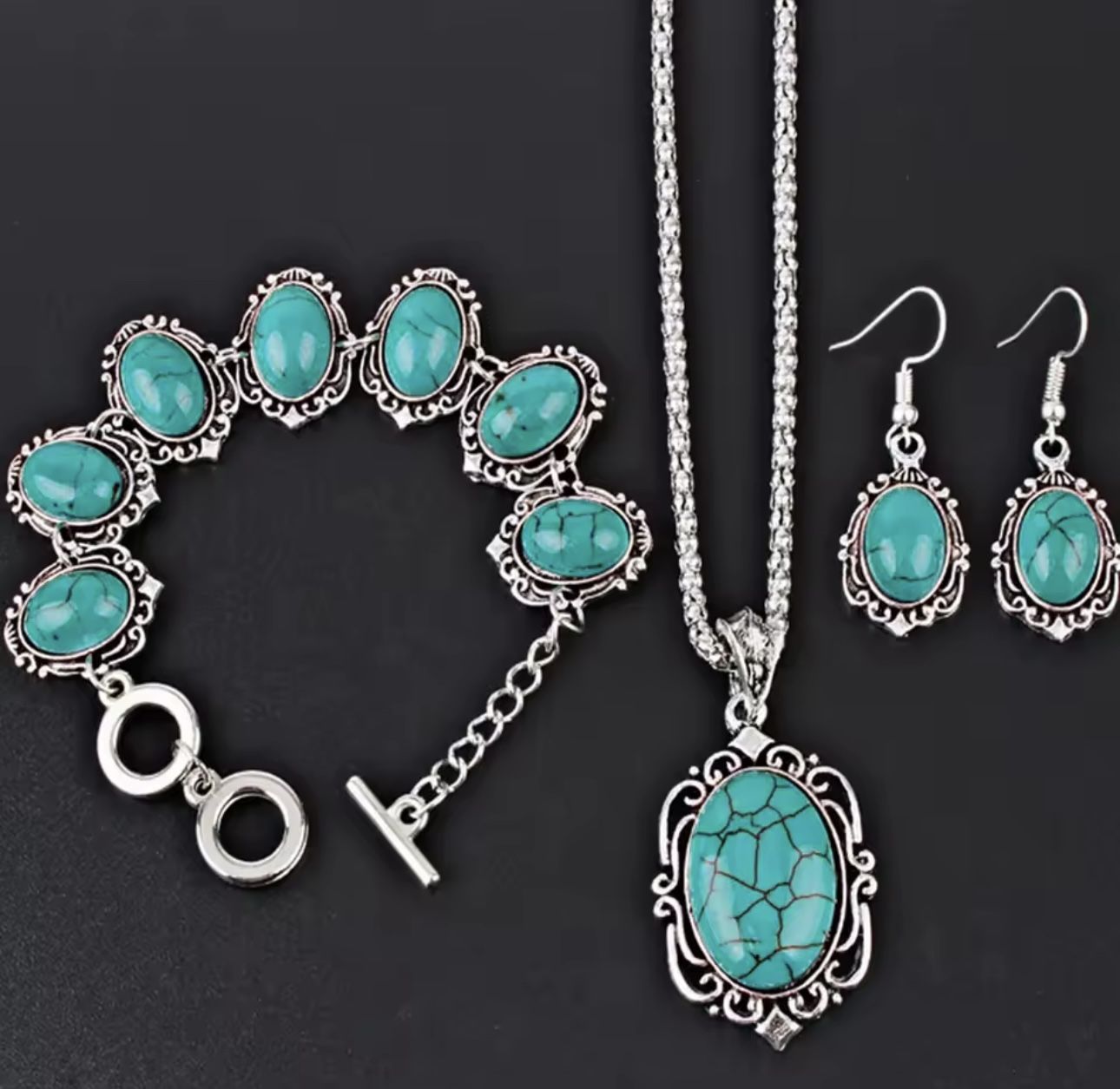 3pcs Women's Vintage Turquoise Bracelet Necklace Earrings Set, Healing Stone Decoration