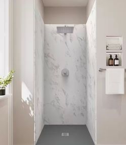 36 in. x 36 in. x 84 in. Solid Composite Stone Alcove Shower Kit - Carrara Walls and Cntr GR Sand Shower Pan Base