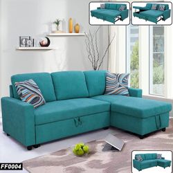Beautiful Turquoise Color Sectional Sofa Pull Out Bed With Storage Chaise 83”x 56”