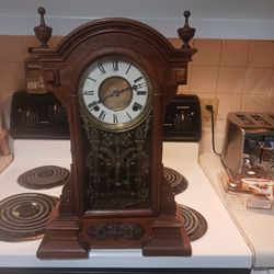 Nice VINTAGE  SOLID WOOD CLOCK  WORK GREAT  UNTIL THE GRAND KIDS  WOUND IT UP TO TIGHT  REALLY NICE CHIME 