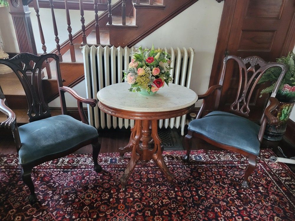 Antique Chippendale Carved Chairs & Marble Top Table