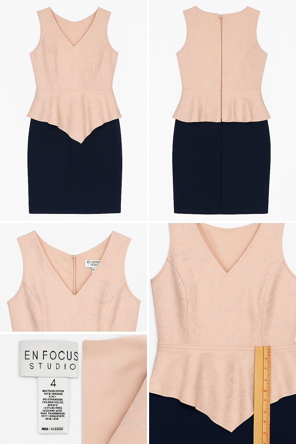 En Focus Studio Women’s Dress Size 4 – Pink Peplum Top & Navy Pencil Skirt Item Specifics: • Brand: En Focus Studio • Size: 4 • Style: Sheath / Pe