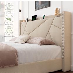 Queen Size Bed Frame with 4 Storage Drawers, Upholstered Platform Bed Frame with Charging
