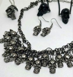 Human Skull Chain Necklace With Earring & Barbed Wire Lot Halloween Goth Death