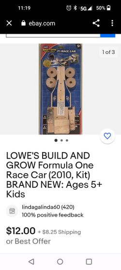 LOWE'S BUILD AND GROW Formula One Race Car (2010, Kit) BRAND NEW: Ages 5+ Kids