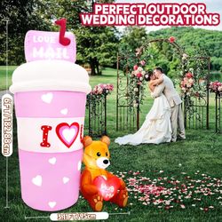 Valentine Inflatables Outdoor Decoration, 6FT Valentines Day Inflatable Mail Coffee Cup, Pink Lighted Valentines Blow Up with Teddy Bear for Garden La
