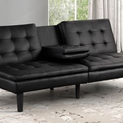 Brand New Black Leather Futon Sofa Sleeper w Cupholders 