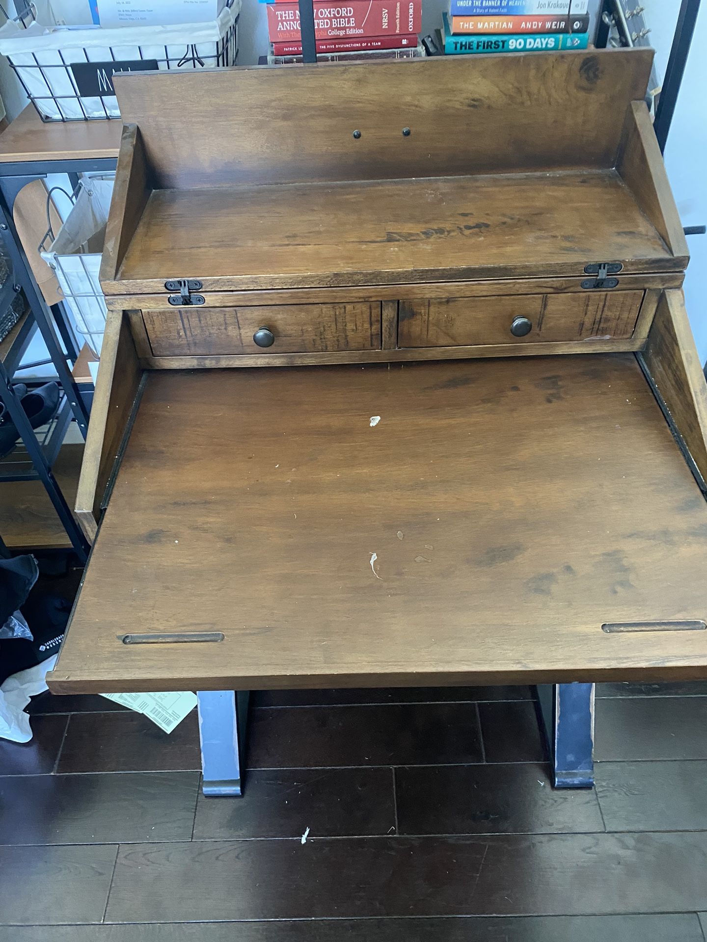 World Market Distressed Antique Cognac and Black Wood Secretary Desk.