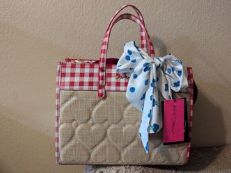 Betsey Johnson Straw Red Gingham Heart Tote