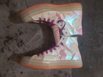 Iridescent High-Top Sneakers with Pink Laces