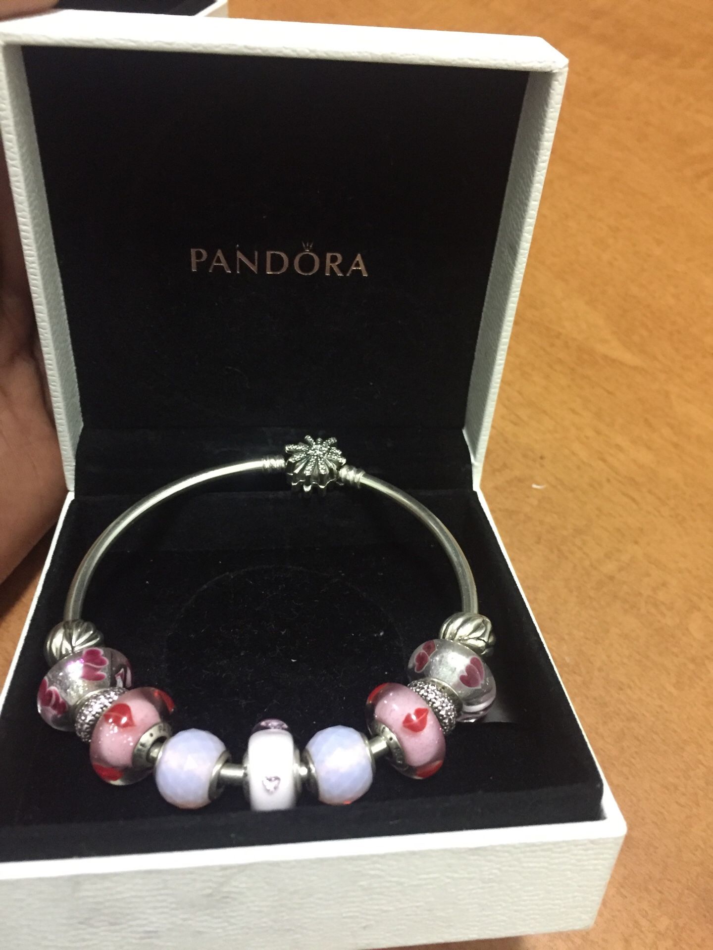 Pandora bangle + 7 Murano Glass charms, 2 spacers, 2clips