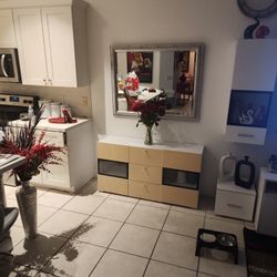 Side Off White  Server With Silver Mirror.