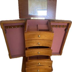 Beautiful Oak Wood Jewelry Armoire Lined with Pink Velvet