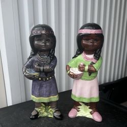 Set Vintage Native American In  dian Girl Statue in Native Dress Ragdoll Papoose