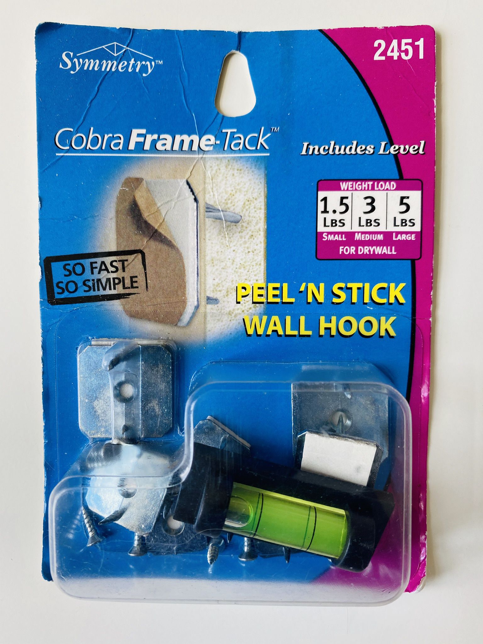 Cobra Frame-Track. Includes level. Peel’N Stick Wall Hook. Put your favorite frame on the wall Fast and Easy. New. Still sealed in original packaging.