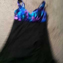 Great Lengths Swim Dress One Piece Swimsuit Size 12 Black Blue Purple Print Modest