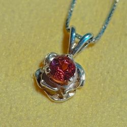 4mm Raspberry Red Tourmaline Sterling Silver Rose Pendant