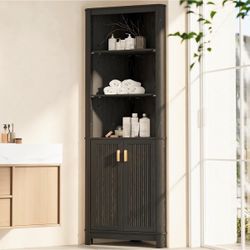 69” Tall Corner Shelf with Doors, 6-Tier Corner Storage Cabinet with Doors, Space Saver Shelf ,Black