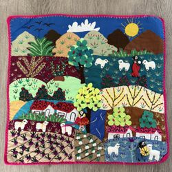 Vintage Handmade Peruvian Arpillera Folk Art 3D Applique Tapestry Wall Hanging