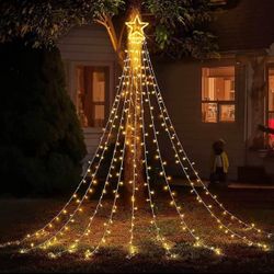 Christmas Decorations, 8 Modes 317 LED Outdoor Christmas Star Lights with 12" Topper Star, Waterfall Christmas Tree Lights for Christmas Décor, Holida