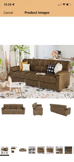 (See description) 80 Inch Brown Faux Leather Sofa Couch - Wide Armrests with 2 Pillows, Deep Seats, Contrast Stitching, 3 Seater Leather Couches for L
