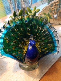 Art Glass Peacock Figurine with Fan Tail