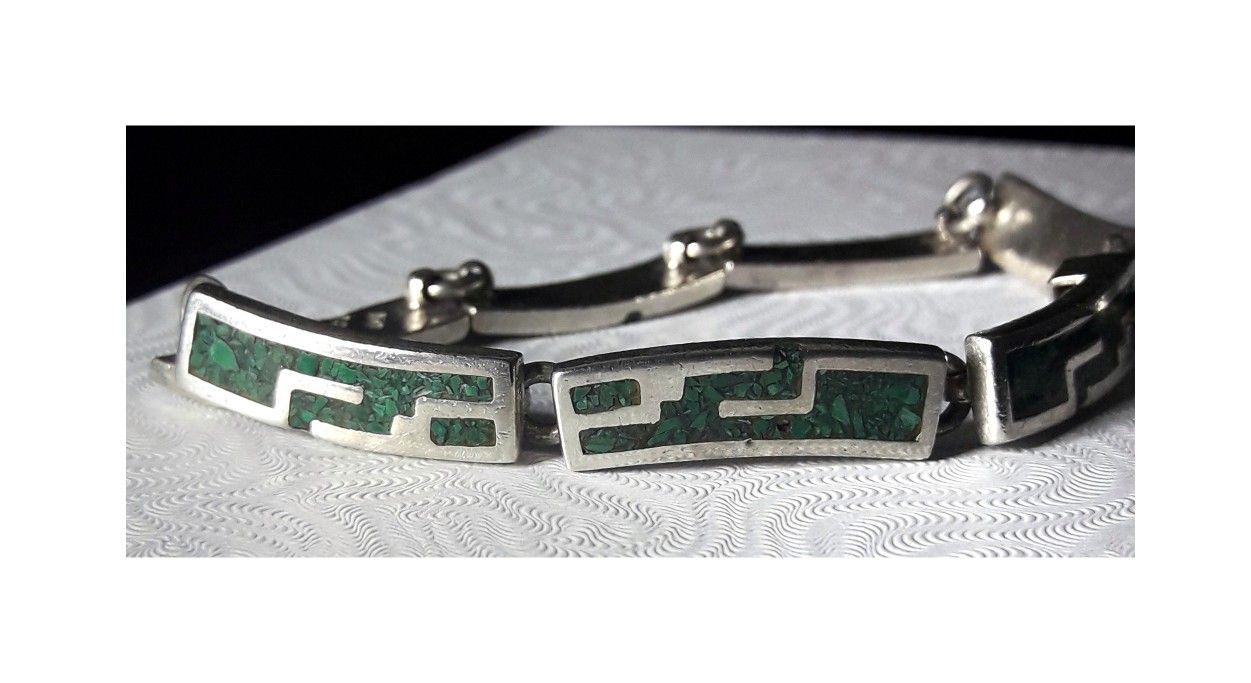 6.5" x 6mm Vintage Solid Sterling Silver w Crushed Turquoise Inlay 7 Panel Hinged Bracelet. Made In Mexico, TAXCO