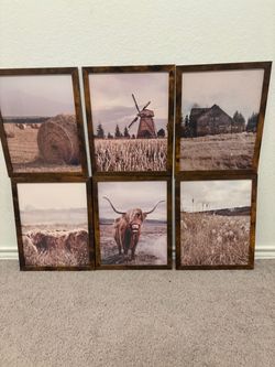 Set of 6 farm/longhorn decor/photos in frames
