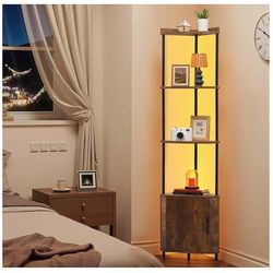 83}5 Tier Corner Shelf with LED Light, 65.4" Tall Corner Bookshelf with Storage Cabinet, Display Shelf with Multi-Color Lights Controlled Via RC/APP f