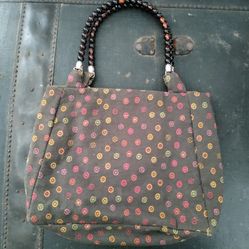CRABBIE BAGS HANDMADE BROWN FABRIC PURSE HANDBAG TOTE W/ BEADED HANDLE