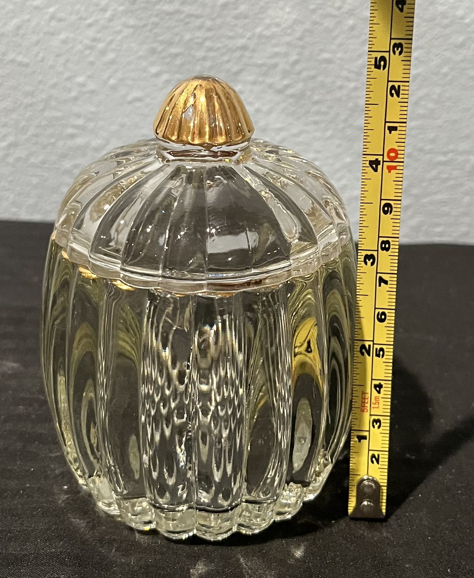 Vintage Clear Glass Ribbed Jar w/Lid & Gold Trim Candy Sugar Honey
