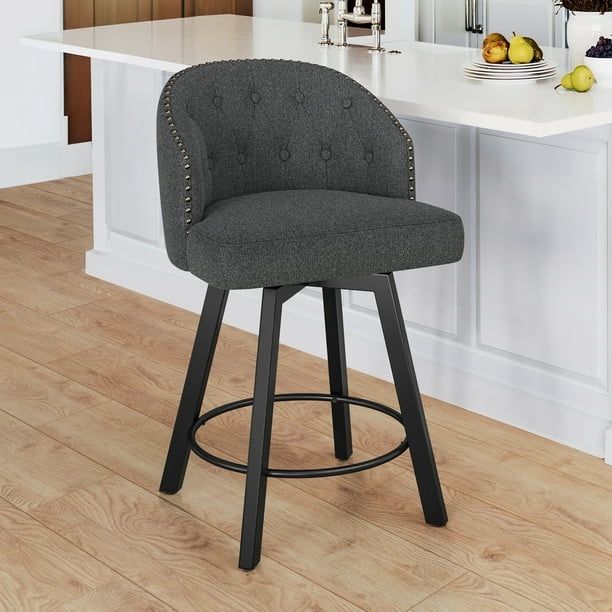 26" Tall Counter Height Bar Stools with Swivel Backs Dining Chair Fabric for Home, Dark Grey