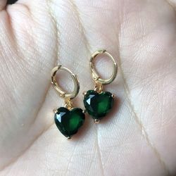 18k Gold Filled Earrings Hoops Dangles Hear Charm Green Women’s Jewelry Jewellery 