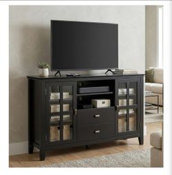 SIMPLIHOME Artisan 53" Wide Solid Wood TV Stand in Black Wood TV Stand with Glass Doors