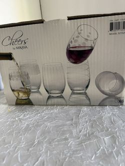 Mikasa Cheers Stemless Etched Wine Glasses, Fine European Lead-Free Crystal, 17-Oncs 4 Red or white