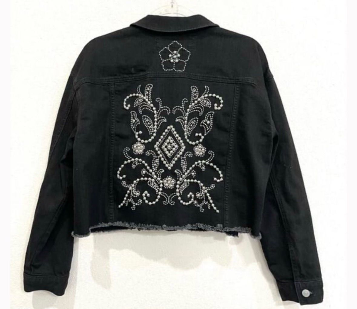 Express Black Denim Jean Jacket w/ Silver Beading & Embroidery & Raw Hem