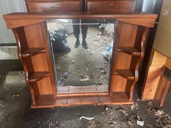 Wood Vanity Mirror with Side Shelves and Hooks
