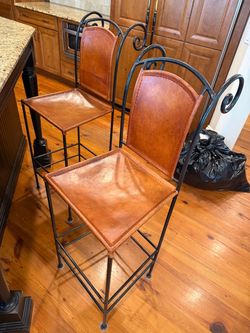 Wrought Iron and Leather Bar Stools – Set of 2