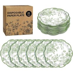 100 Pieces Sage Green Flower Paper Plates 7 Inches