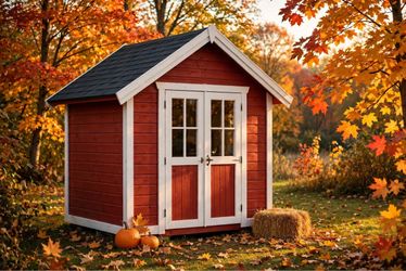 🍂 10x12 Cottage Shed – Red, White Trim, Double Doors