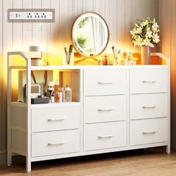Dresser for Bedroom with Light Strip & Power Outlet — 8 Drawers Dressers & Chest of Drawers with Shelf, Wood Top, Metal Frame, Wide Dresser