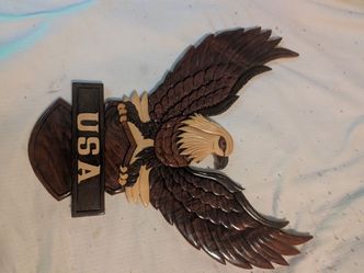 Hand Carved Eagle USA Intarsia Wood Wall Plaque