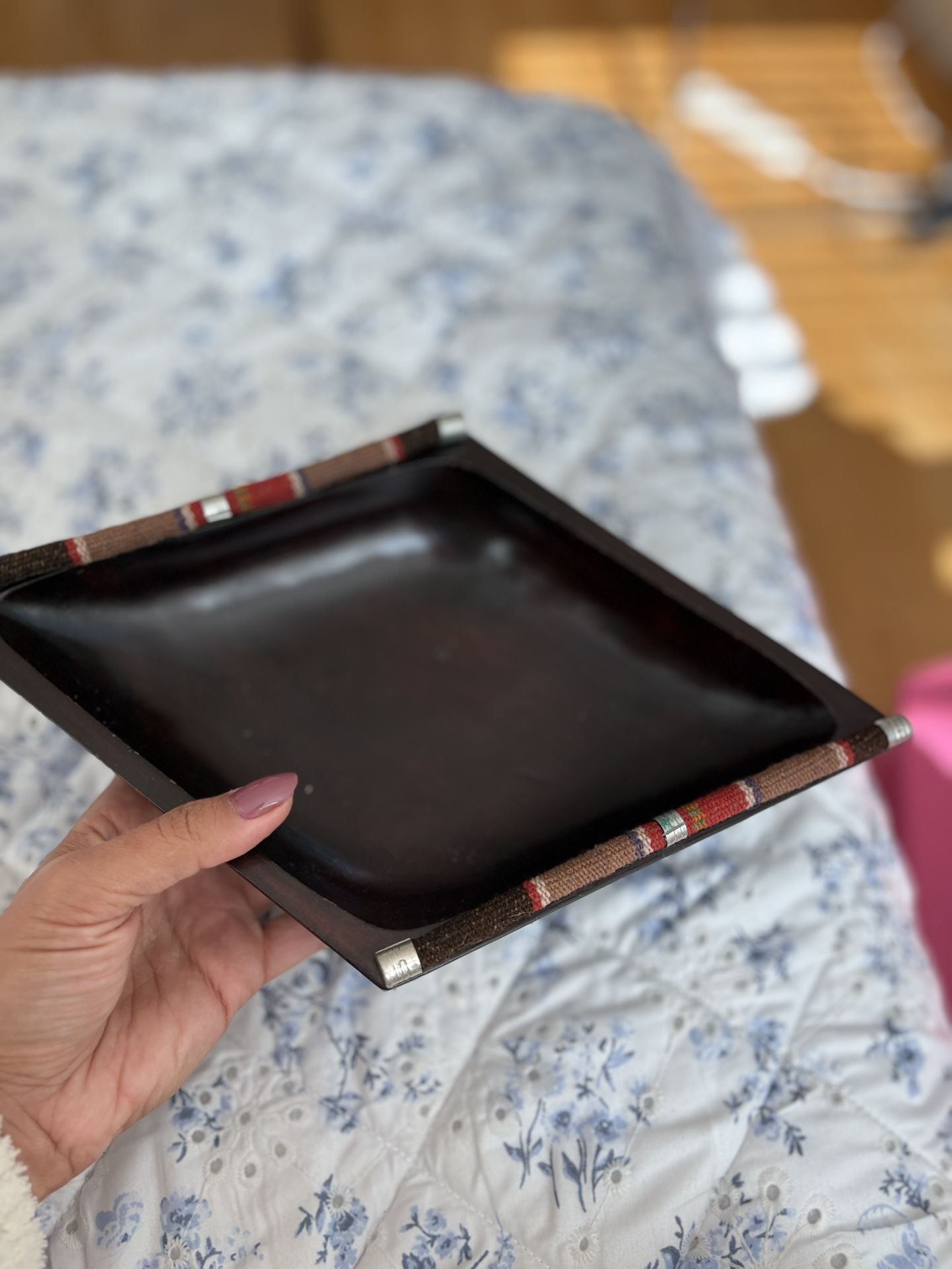 Native American-style wooden bowl, featuring tapestry detail accents