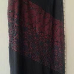 NEW Long Black Sleek Skirt With Maroon & Black Lace Accent